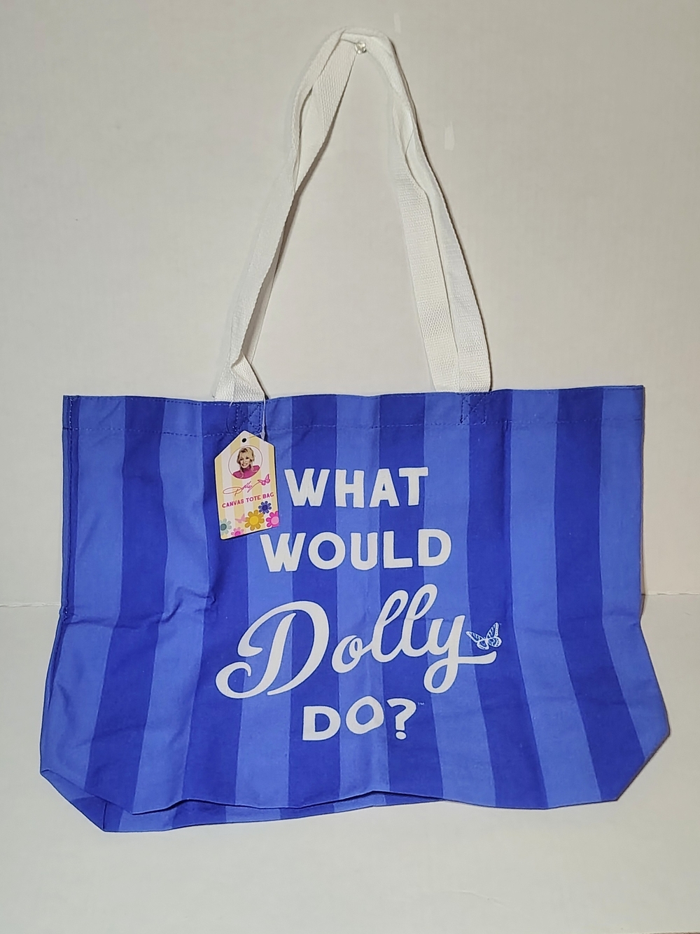 Dolly Parton Canvas What Would Dolly Do Tote Bag in Blue Stripe